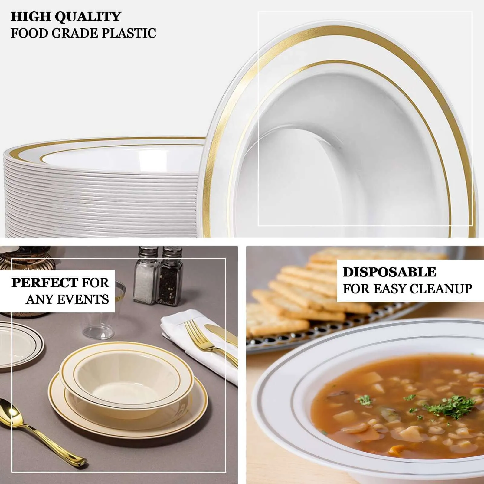 10 Pack 12oz White Gold Rimmed Plastic Bowls, Disposable Round Soup Bowls