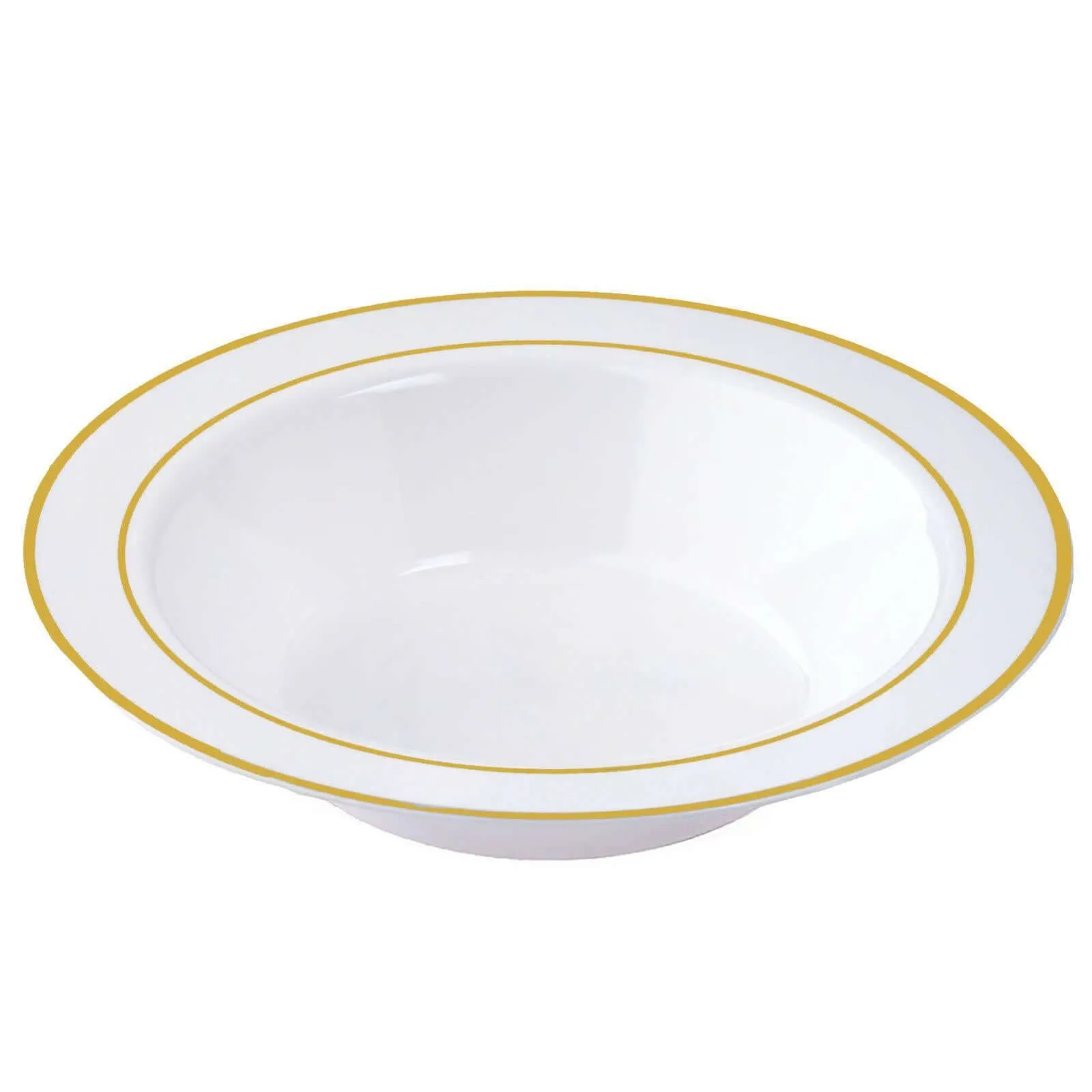 10 Pack 12oz White Gold Rimmed Plastic Bowls, Disposable Round Soup Bowls