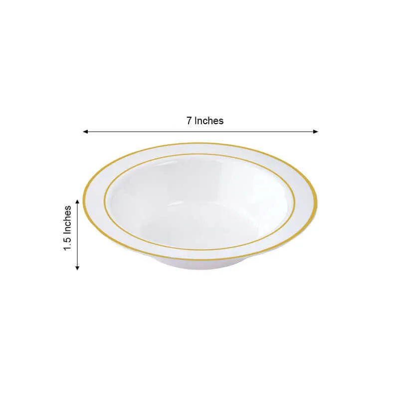 10 Pack 12oz White Gold Rimmed Plastic Bowls, Disposable Round Soup Bowls