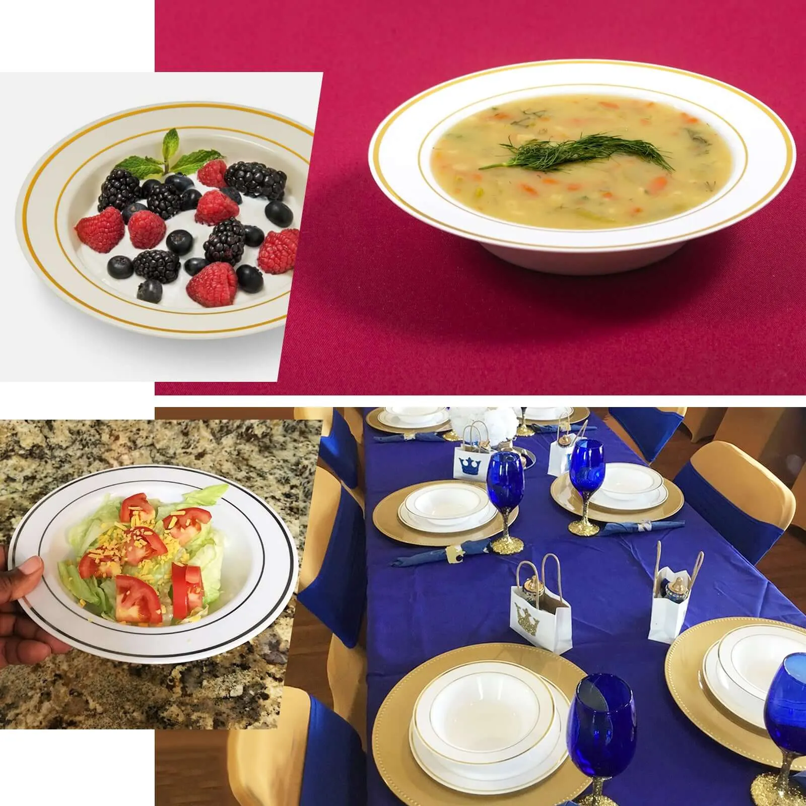 10 Pack 12oz White Gold Rimmed Plastic Bowls, Disposable Round Soup Bowls