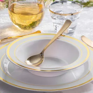 10 Pack 12oz White Gold Rimmed Plastic Bowls, Disposable Round Soup Bowls