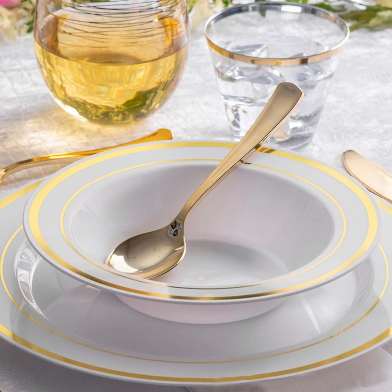 10 Pack 12oz White Gold Rimmed Plastic Bowls, Disposable Round Soup Bowls