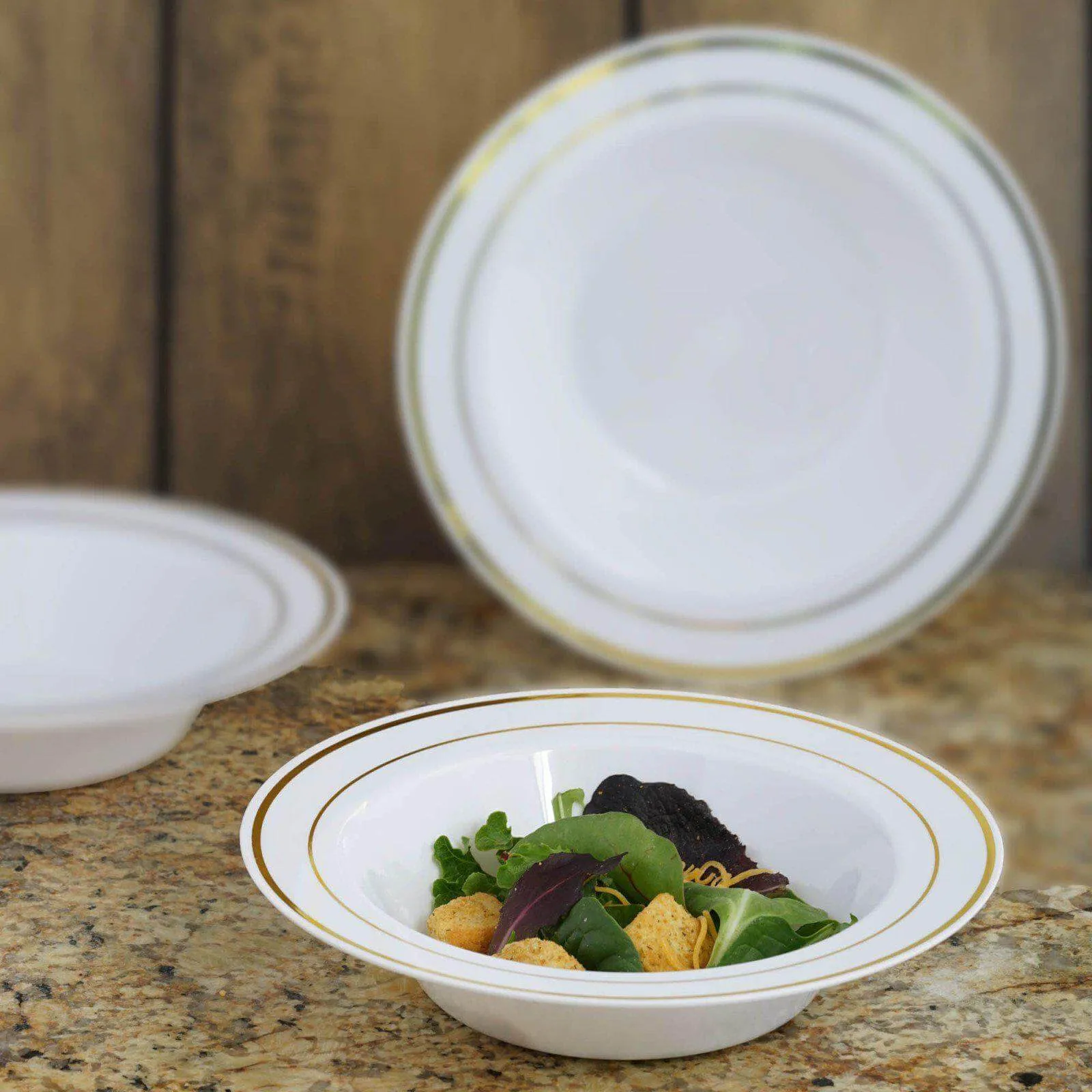10 Pack 12oz White Gold Rimmed Plastic Bowls, Disposable Round Soup Bowls