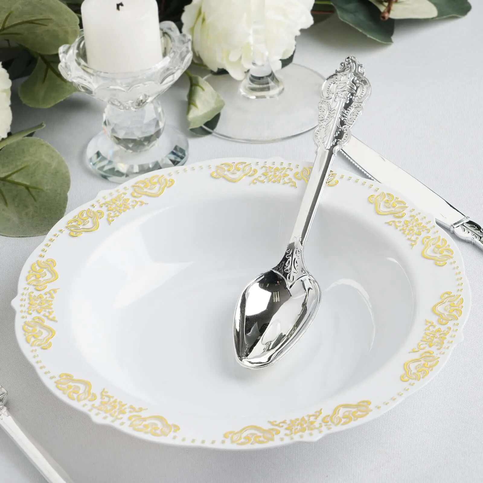 10 Pack Gold Embossed White 12oz Disposable Plastic Soup Bowl - Round With Scalloped Edges