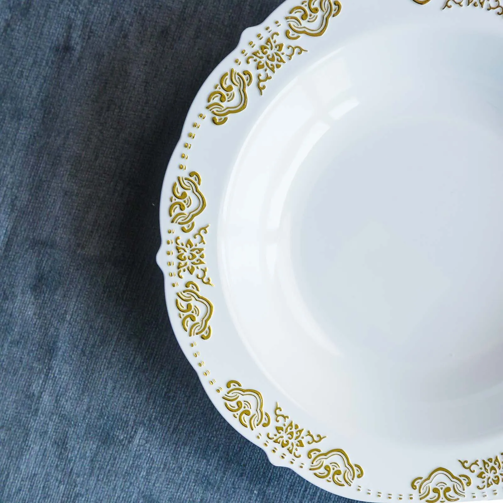10 Pack Gold Embossed White 12oz Disposable Plastic Soup Bowl - Round With Scalloped Edges