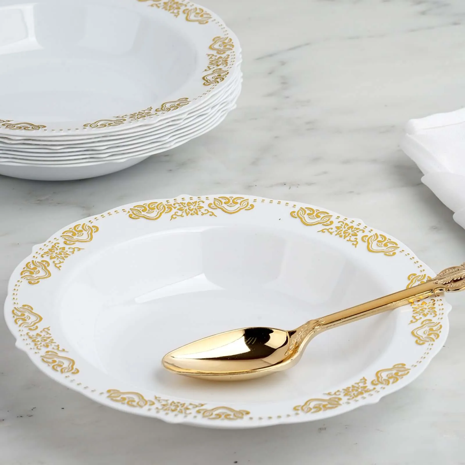 10 Pack Gold Embossed White 12oz Disposable Plastic Soup Bowl - Round With Scalloped Edges
