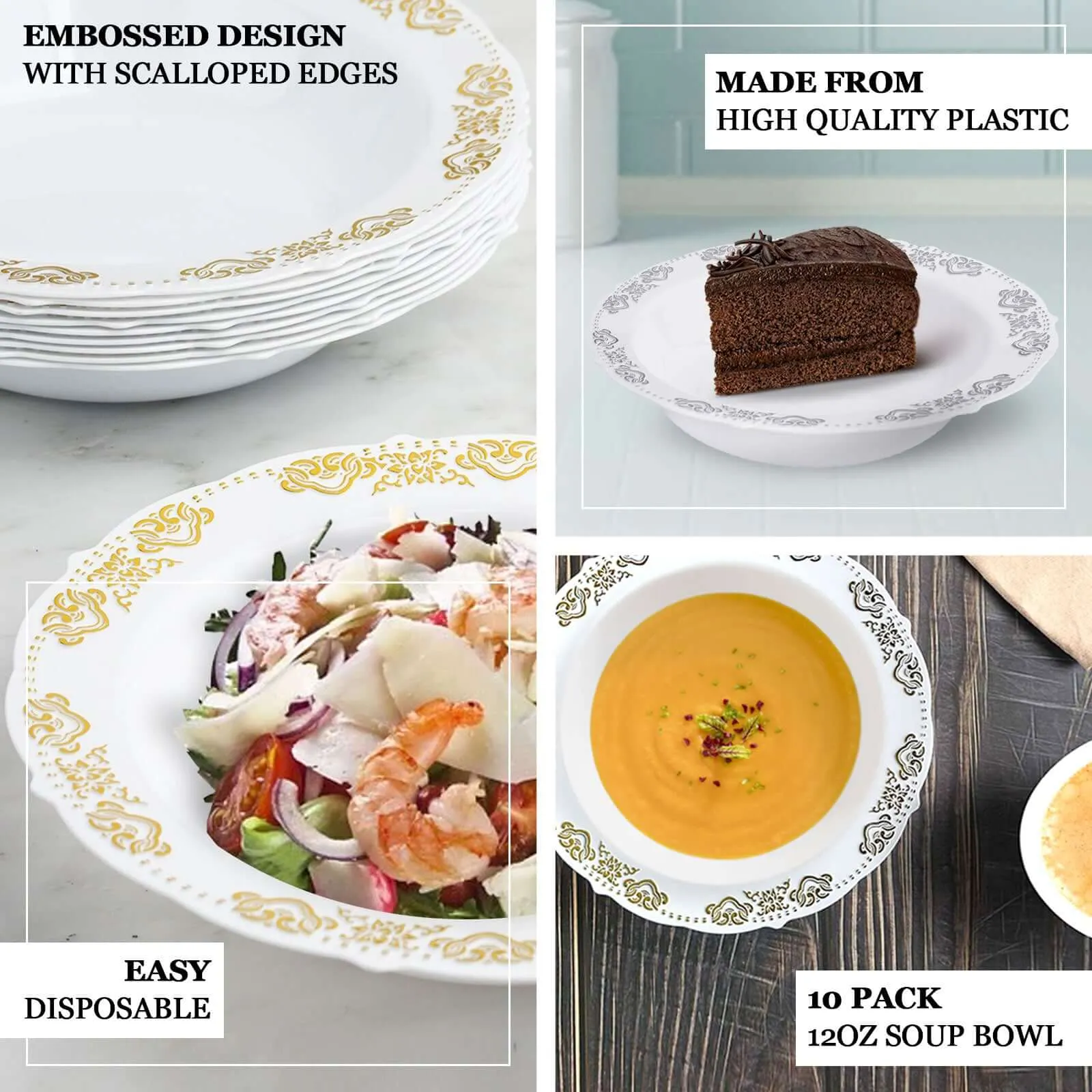10 Pack Gold Embossed White 12oz Disposable Plastic Soup Bowl - Round With Scalloped Edges