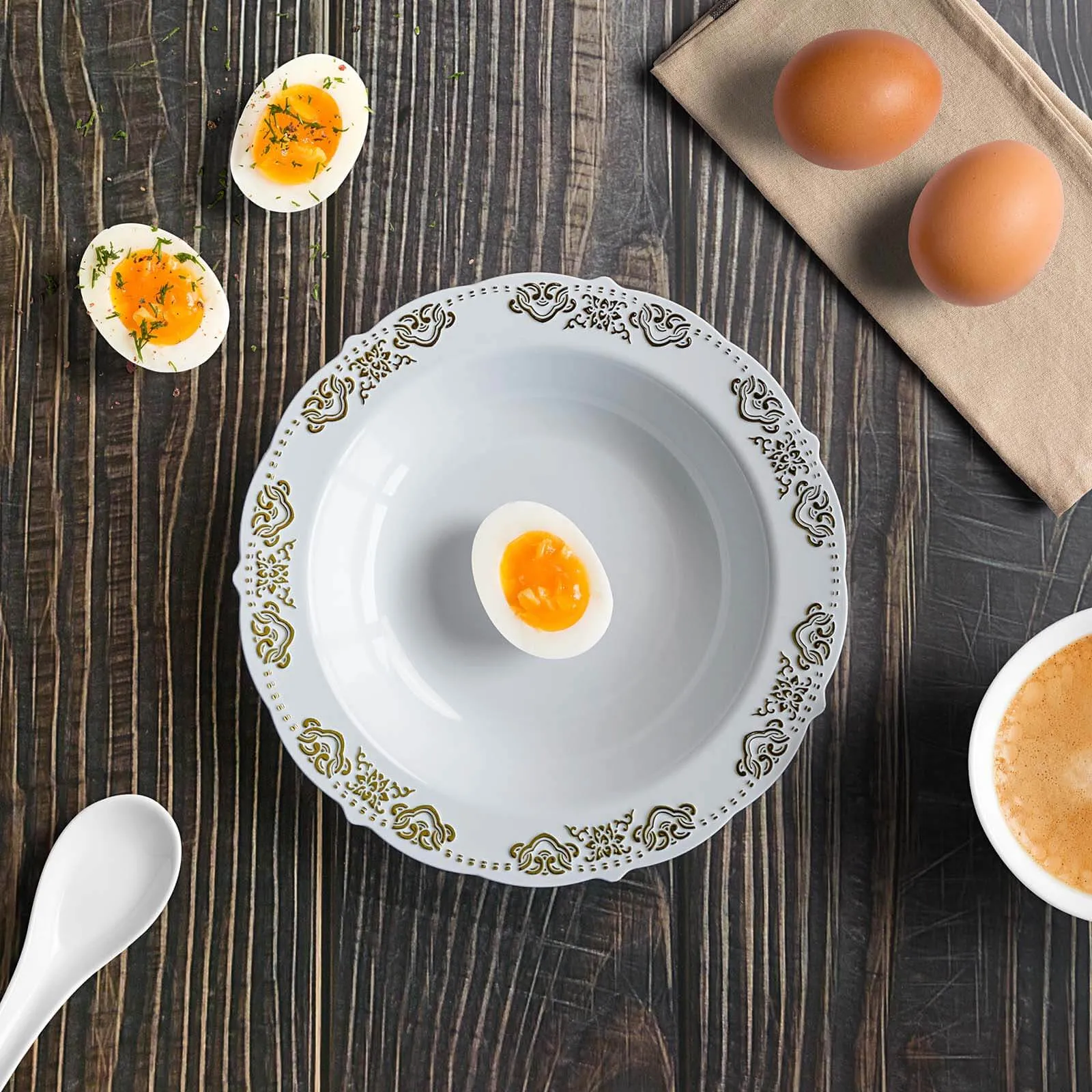 10 Pack Gold Embossed White 12oz Disposable Plastic Soup Bowl - Round With Scalloped Edges
