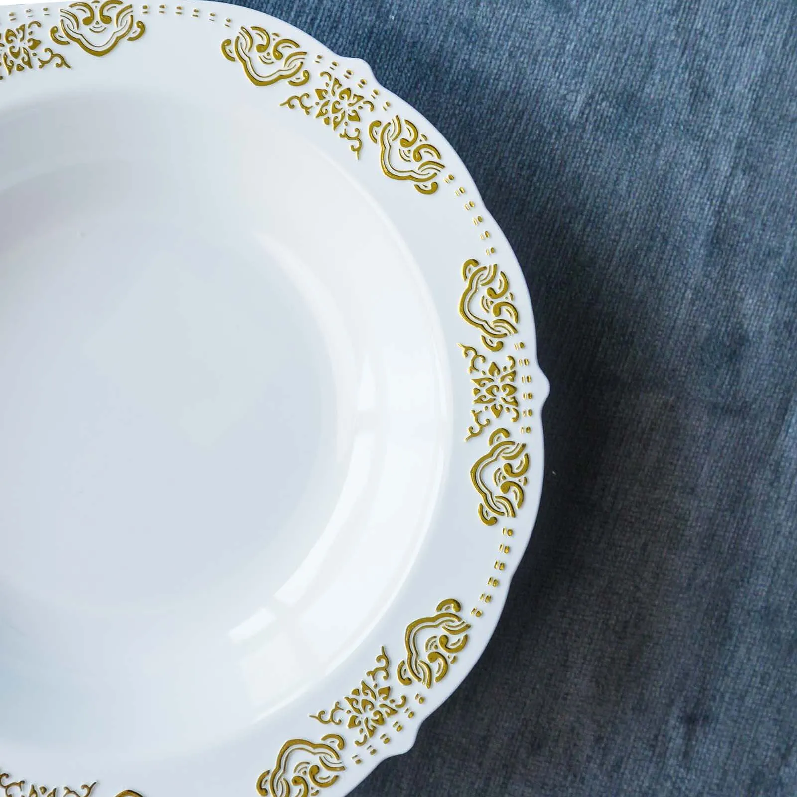 10 Pack Gold Embossed White 12oz Disposable Plastic Soup Bowl - Round With Scalloped Edges