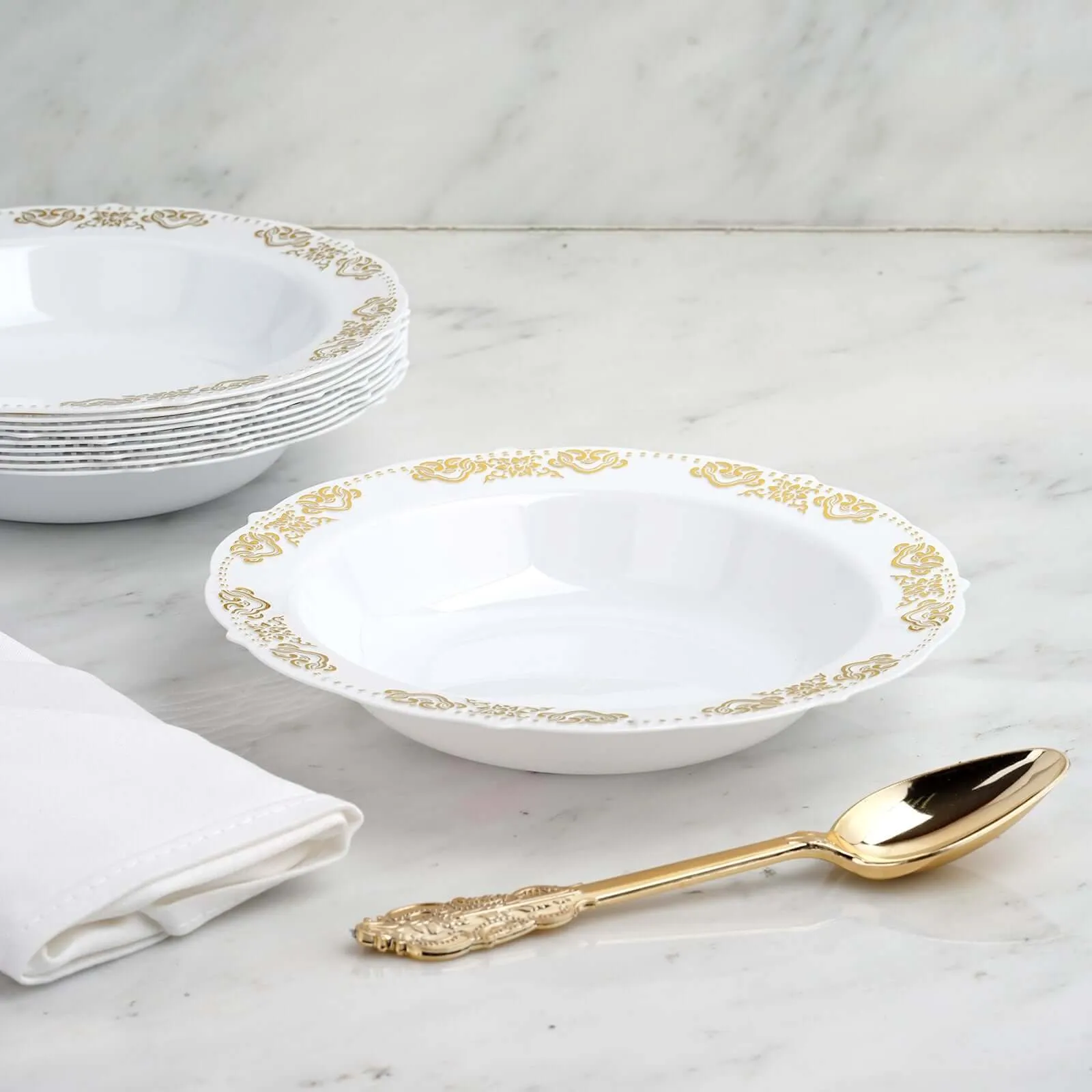 10 Pack Gold Embossed White 12oz Disposable Plastic Soup Bowl - Round With Scalloped Edges