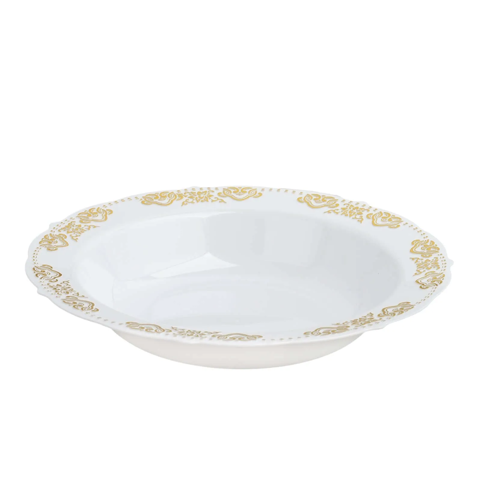 10 Pack Gold Embossed White 12oz Disposable Plastic Soup Bowl - Round With Scalloped Edges