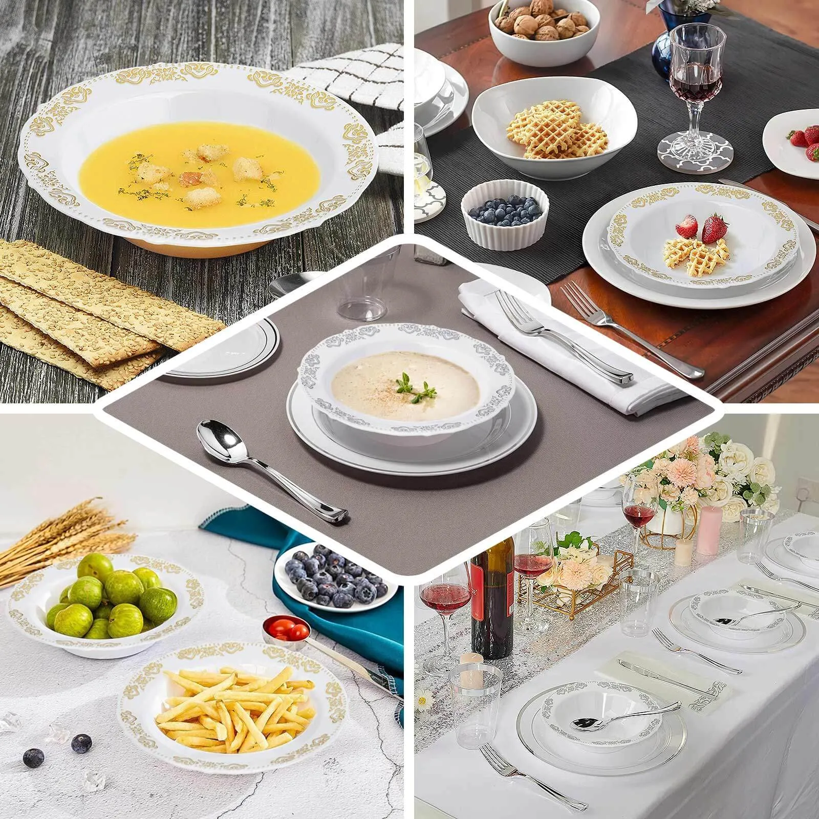10 Pack Gold Embossed White 12oz Disposable Plastic Soup Bowl - Round With Scalloped Edges