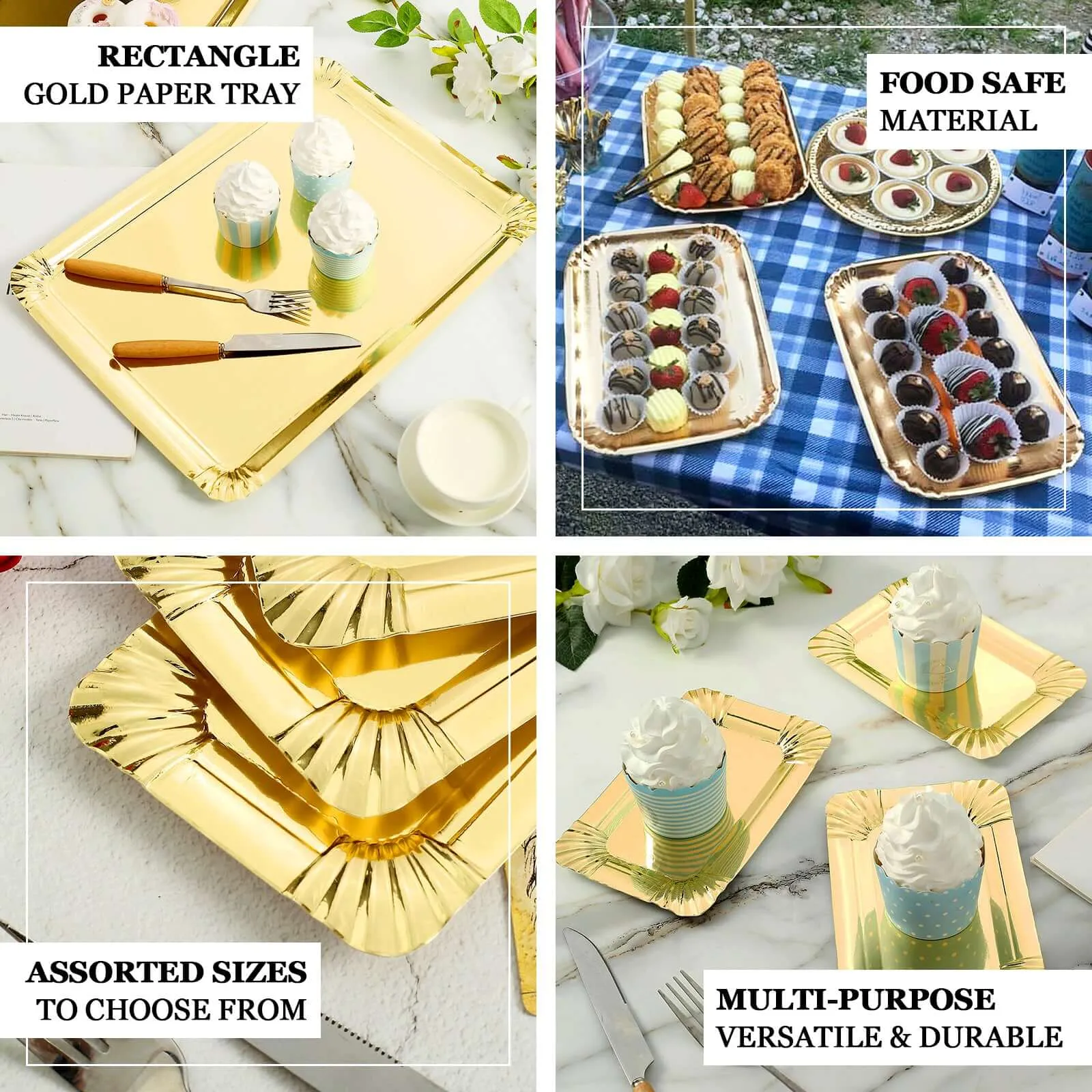 10 Pack Metallic Gold 9" Paper Cardboard Serving Trays, Rectangle Party Platters With Scalloped Rim - 400 GSM
