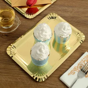 10 Pack Metallic Gold 9" Paper Cardboard Serving Trays, Rectangle Party Platters With Scalloped Rim - 400 GSM