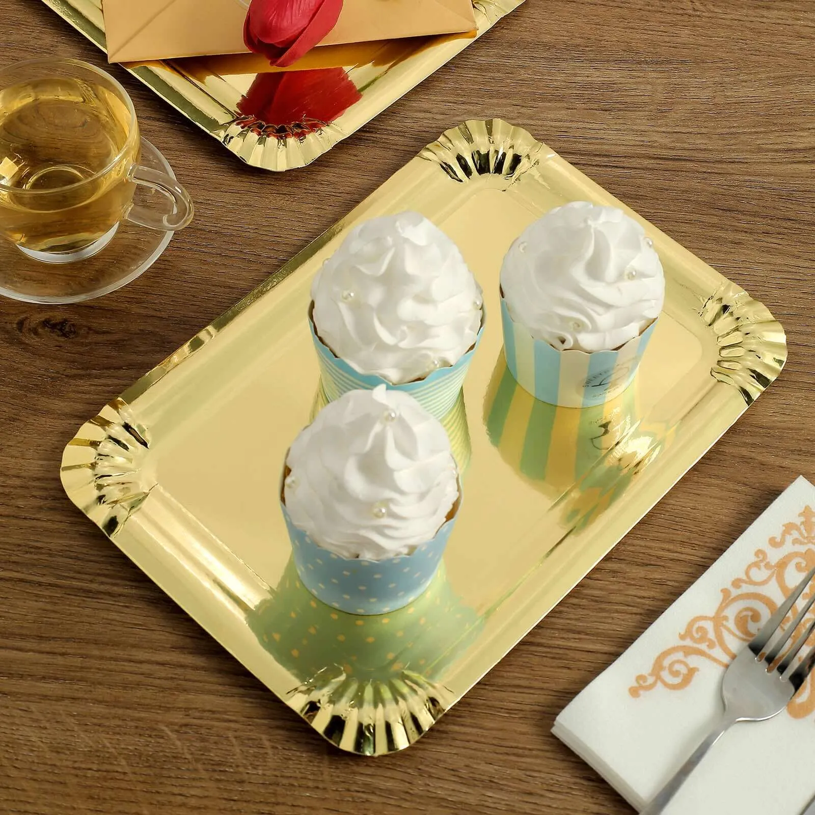 10 Pack Metallic Gold 9" Paper Cardboard Serving Trays, Rectangle Party Platters With Scalloped Rim - 400 GSM