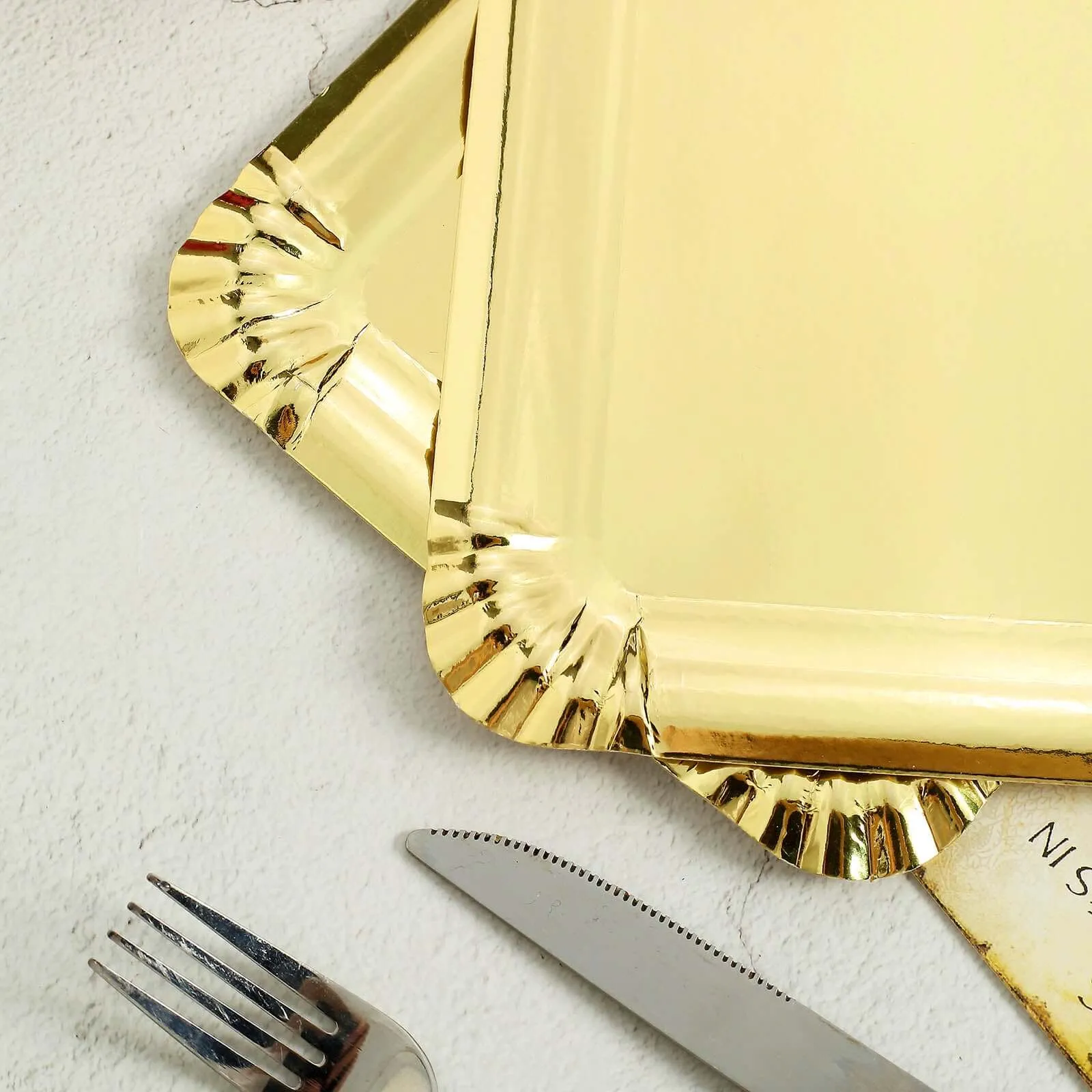 10 Pack Metallic Gold 9" Paper Cardboard Serving Trays, Rectangle Party Platters With Scalloped Rim - 400 GSM