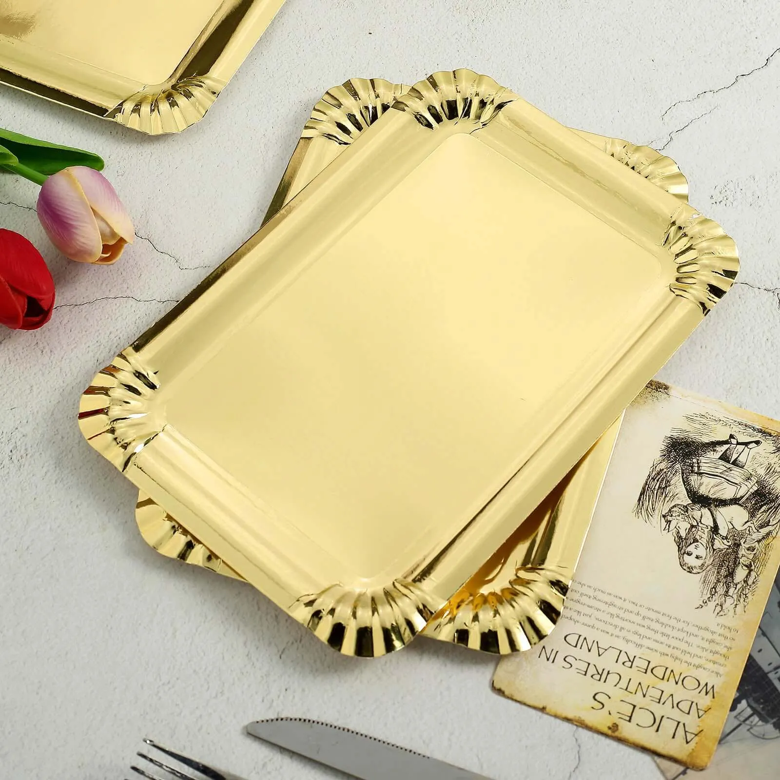 10 Pack Metallic Gold 9" Paper Cardboard Serving Trays, Rectangle Party Platters With Scalloped Rim - 400 GSM