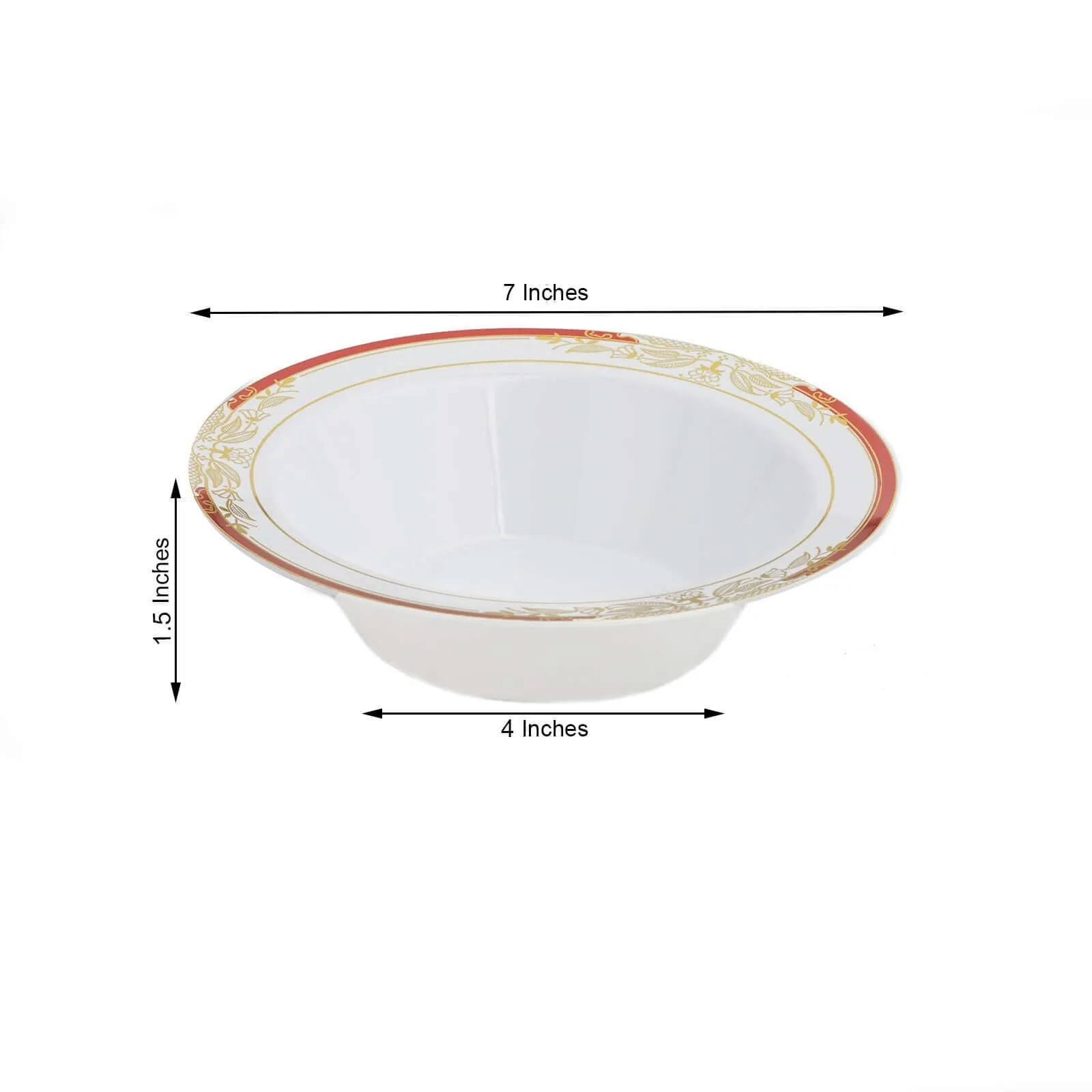 10 Pack White Round 12oz Disposable Plastic Soup Bowl With Gold Vine and Red Rim