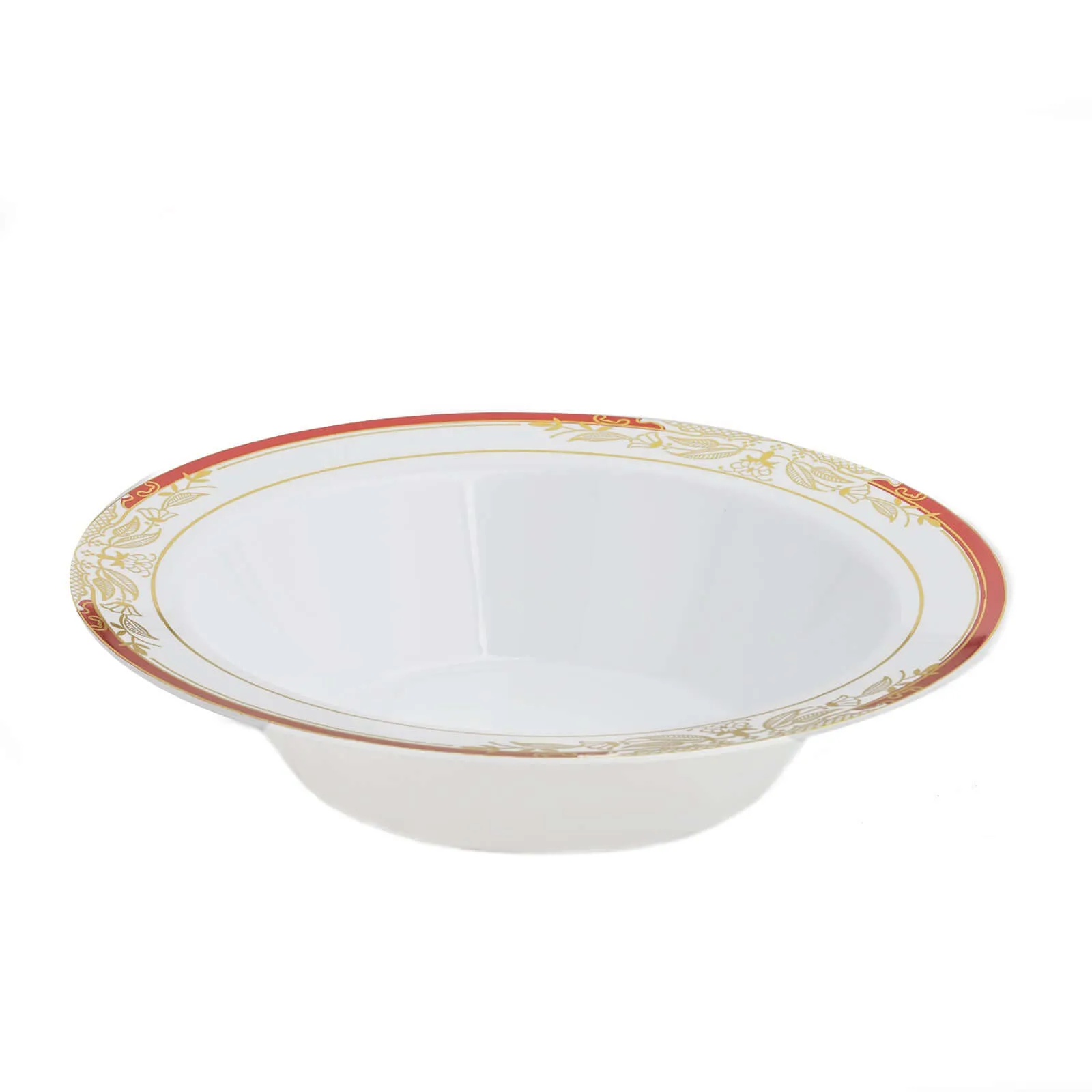 10 Pack White Round 12oz Disposable Plastic Soup Bowl With Gold Vine and Red Rim