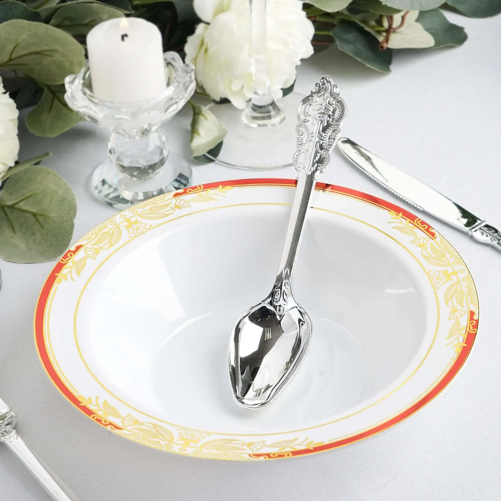 10 Pack White Round 12oz Disposable Plastic Soup Bowl With Gold Vine and Red Rim