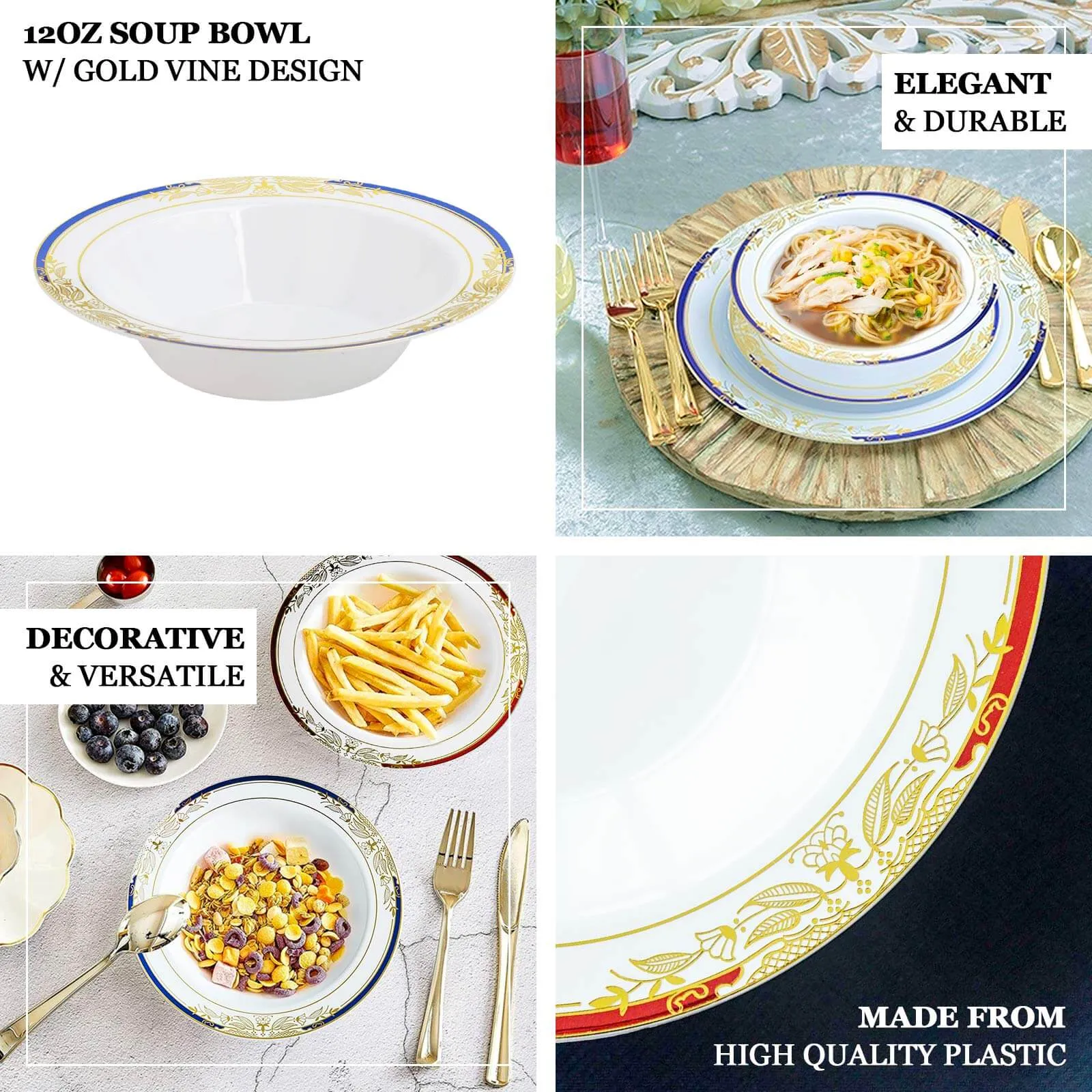 10 Pack White Round 12oz Disposable Plastic Soup Bowl With Gold Vine and Red Rim