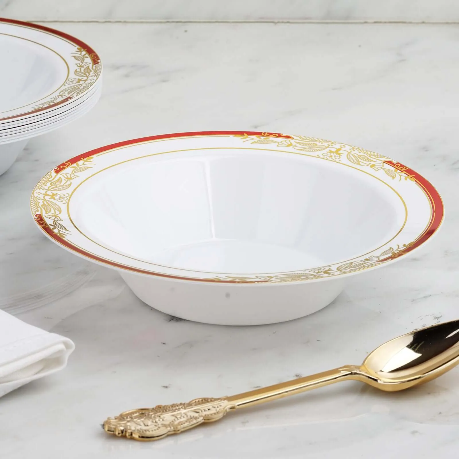 10 Pack White Round 12oz Disposable Plastic Soup Bowl With Gold Vine and Red Rim