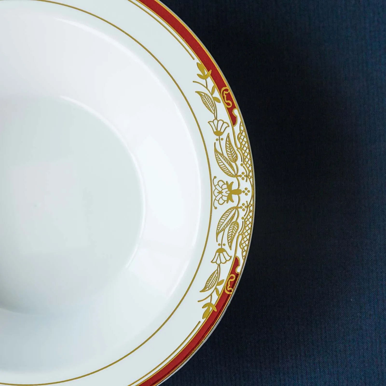 10 Pack White Round 12oz Disposable Plastic Soup Bowl With Gold Vine and Red Rim