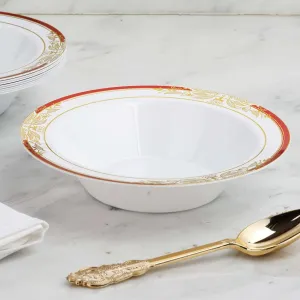 10 Pack White Round 12oz Disposable Plastic Soup Bowl With Gold Vine and Red Rim