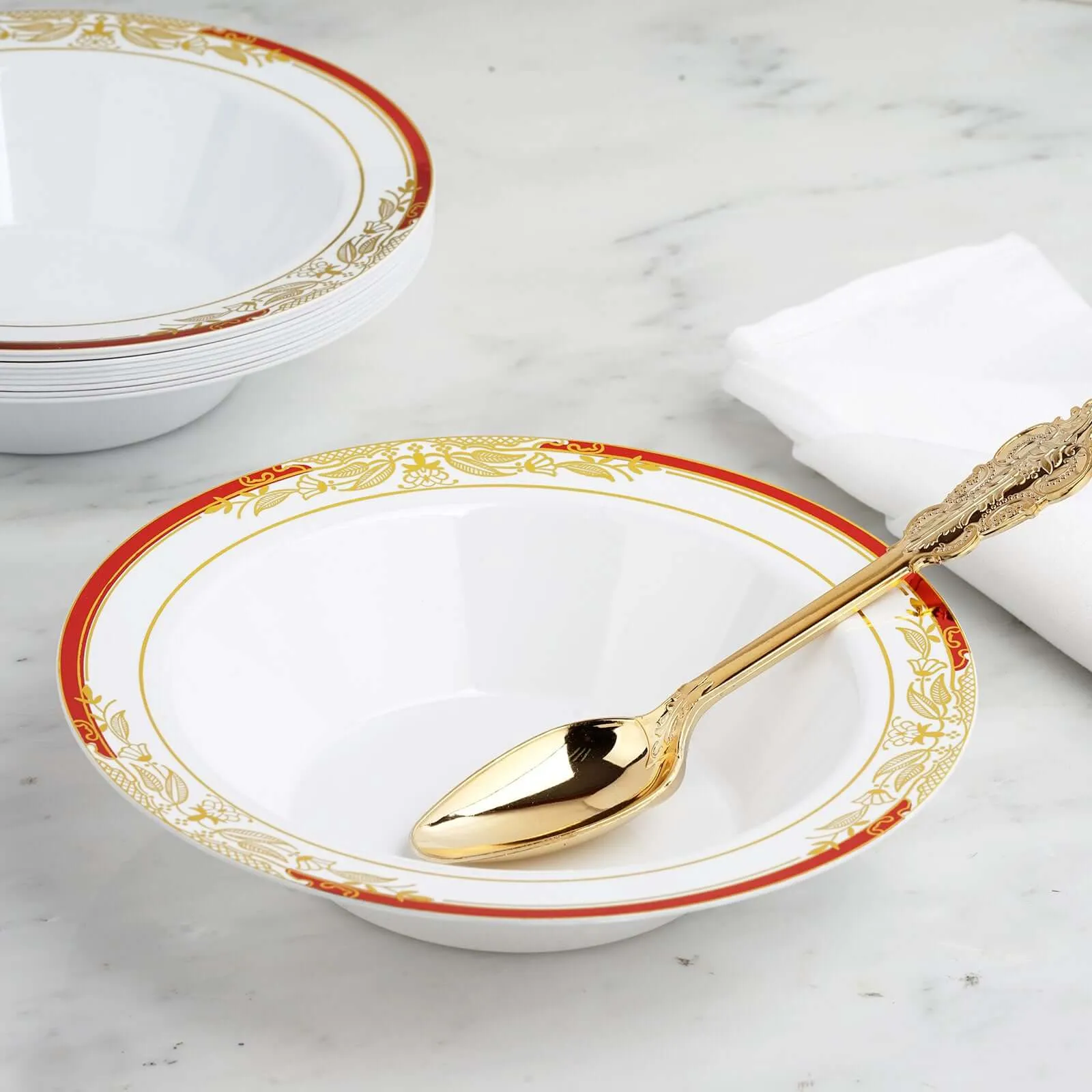 10 Pack White Round 12oz Disposable Plastic Soup Bowl With Gold Vine and Red Rim