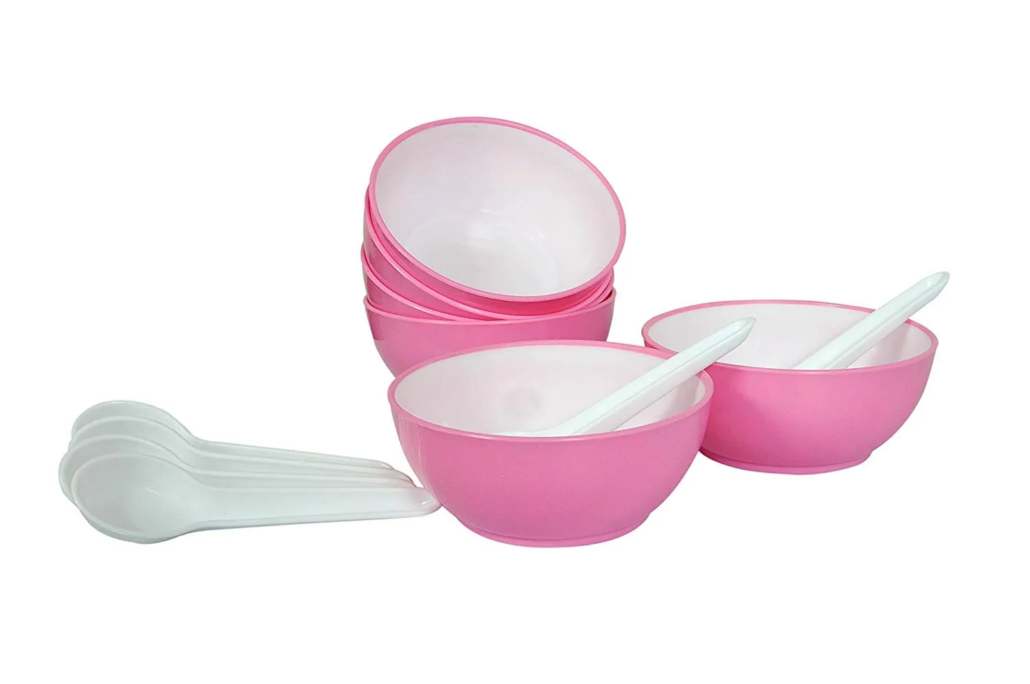 Kuber Industries Unbreakable Plastic Microwave Safe 12 Pc Round Shape Soup Bowls & 12 Plates with 12 Soup Spoons Set, 350 Ml (Pink)-KUBMART1589