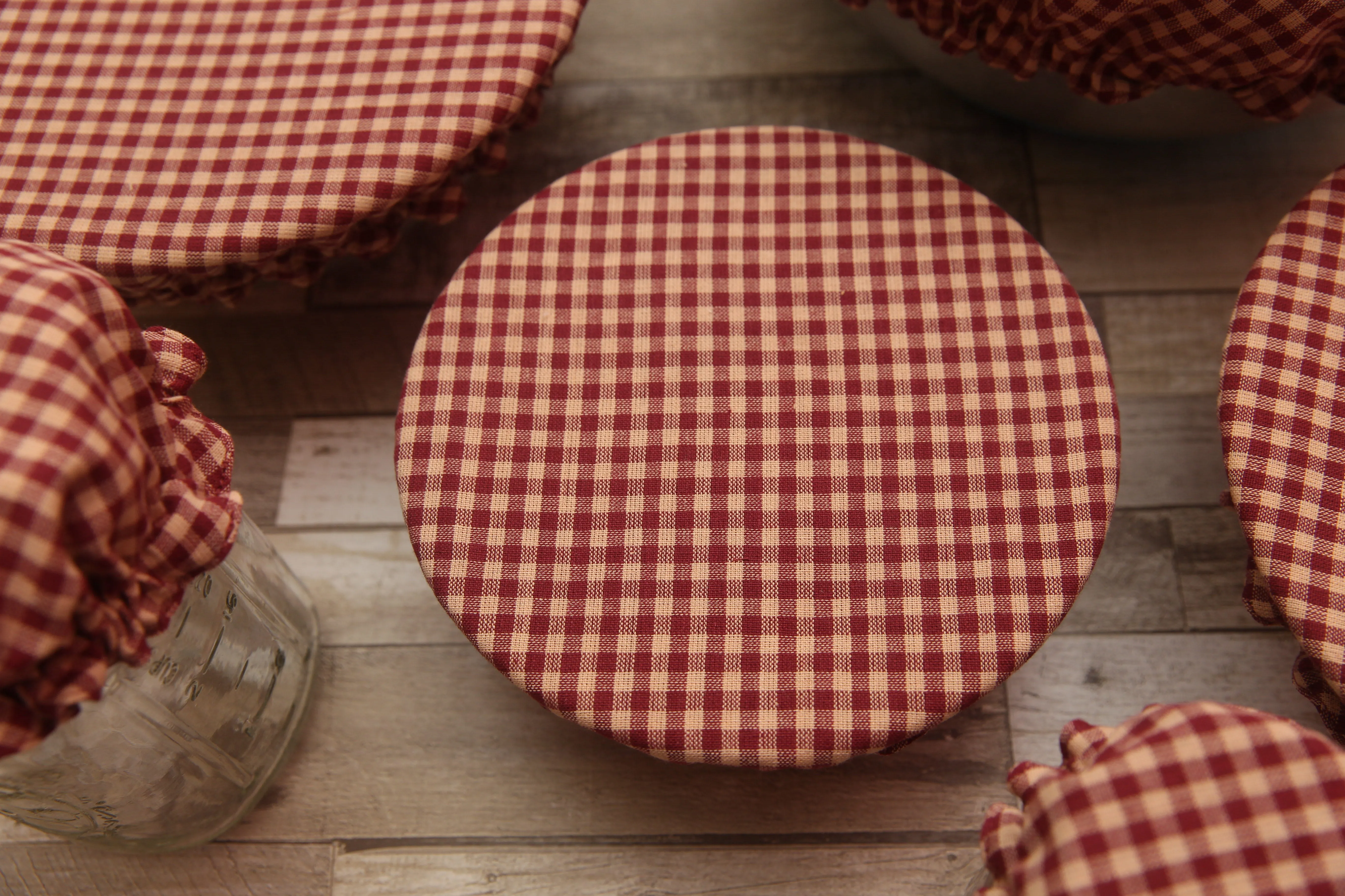 NON-PROP (Strawberry Plaid) Bowl, Jar, Cup, Plate COVERS; Hot Pad; Jar Opener; Strawberry Plaid; MADE TO ORDER