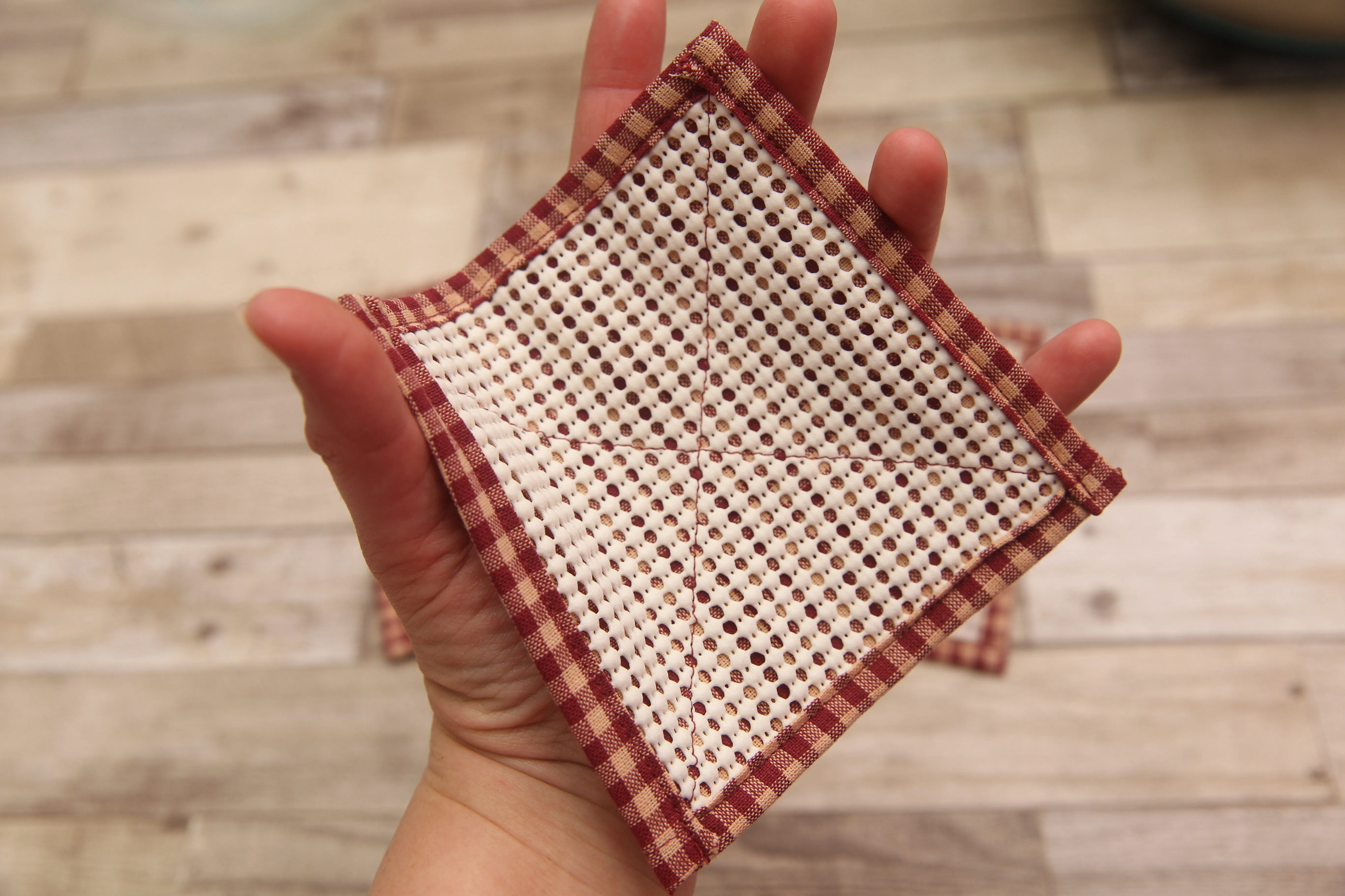 NON-PROP (Strawberry Plaid) Bowl, Jar, Cup, Plate COVERS; Hot Pad; Jar Opener; Strawberry Plaid; MADE TO ORDER