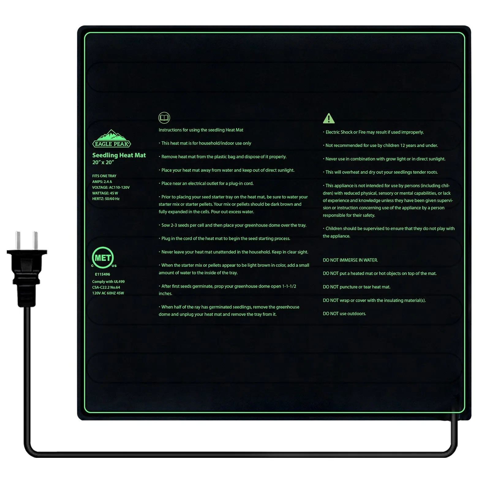 Seedling Heat Mat 20x20, UL & MET-Certified Heating Pad for Seed Starting, Contains (1) Warming Mat
