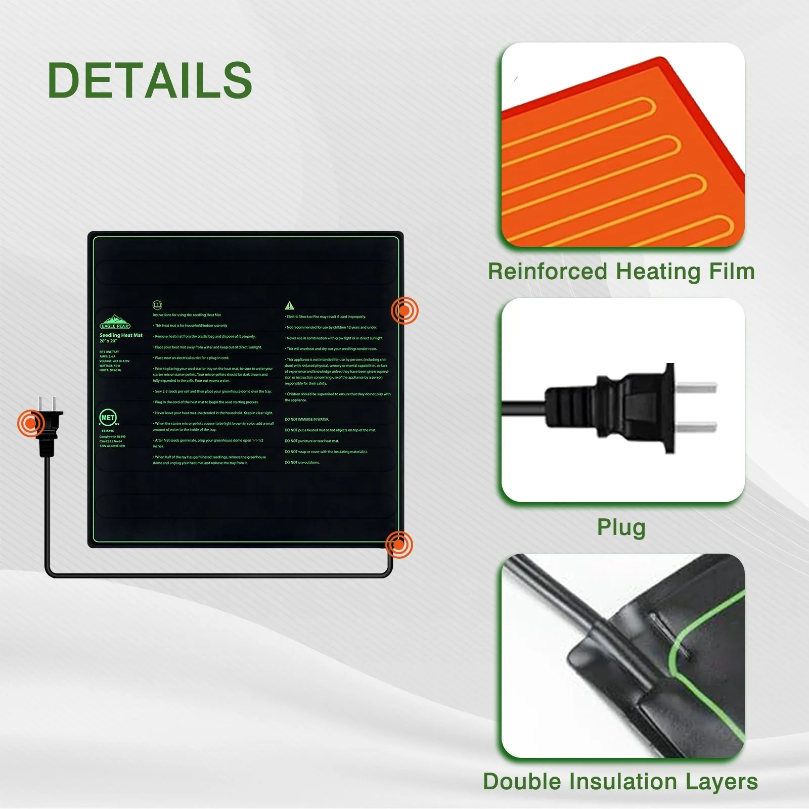Seedling Heat Mat 20x20, UL & MET-Certified Heating Pad for Seed Starting, Contains (1) Warming Mat
